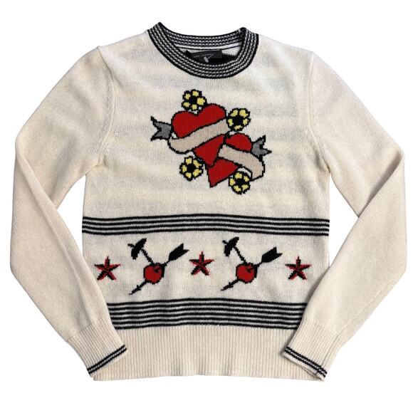 Marc Jacobs Tattoo Hearts Cherries 100% Wool Crewneck Sweater Ivory Size Small - Picture 1 of 10